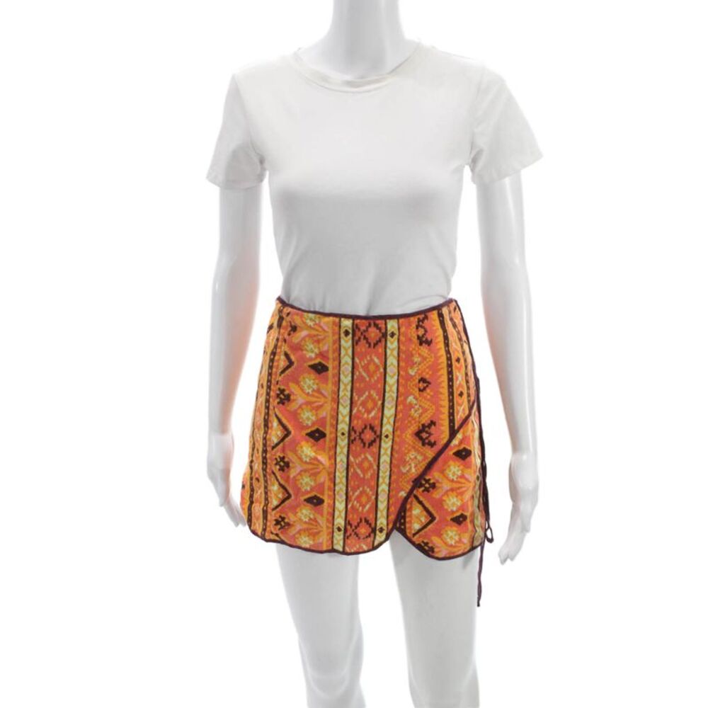 Free People Womens Wrap Skirt Orange Geometric Cotton Bohemian Short Size 4